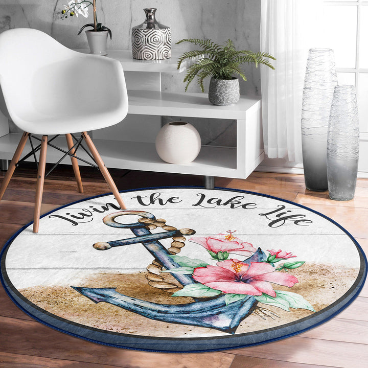 Nautical Round Rug|Non-Slip Round Carpet|Floral Navy Anchor and Wheel Print Circle Carpet|Decorative Beach House Area Rug|Coastal Home Decor