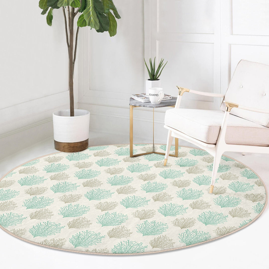 Beach House Round Rug|Non-Slip Round Carpet|Beige Turquoise Starfish Circle Carpet|Seaweed and Seashell Nautical Area Rug|Coastal Home Decor