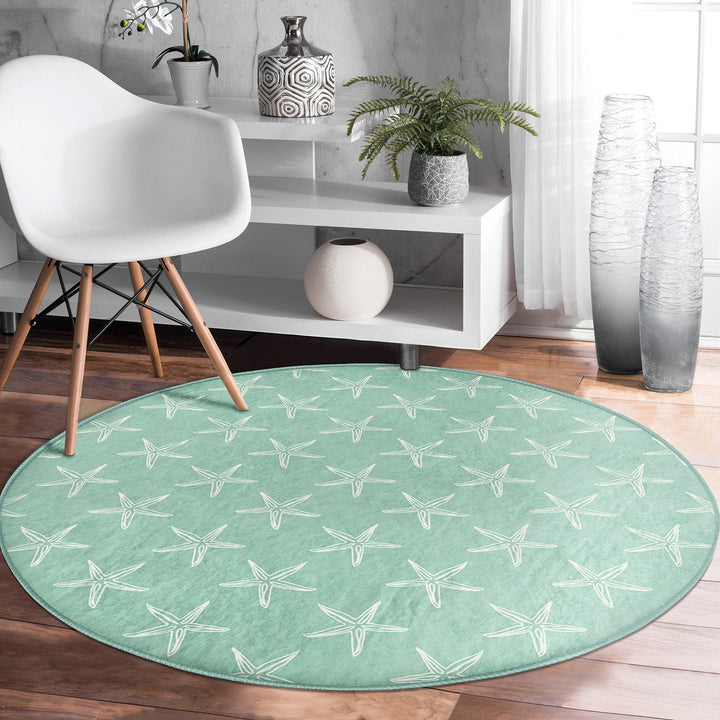 Beach House Round Rug|Non-Slip Round Carpet|Beige Turquoise Starfish Circle Carpet|Seaweed and Seashell Nautical Area Rug|Coastal Home Decor