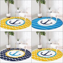 Nautical Round Rug|Non-Slip Round Carpet|Striped and Zigzag Navy Anchor Print Circle Carpet|Blue Yellow Beach House Rug|Coastal Home Decor