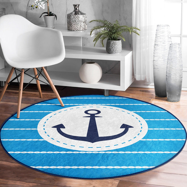 Nautical Round Rug|Non-Slip Round Carpet|Striped and Zigzag Navy Anchor Print Circle Carpet|Blue Yellow Beach House Rug|Coastal Home Decor