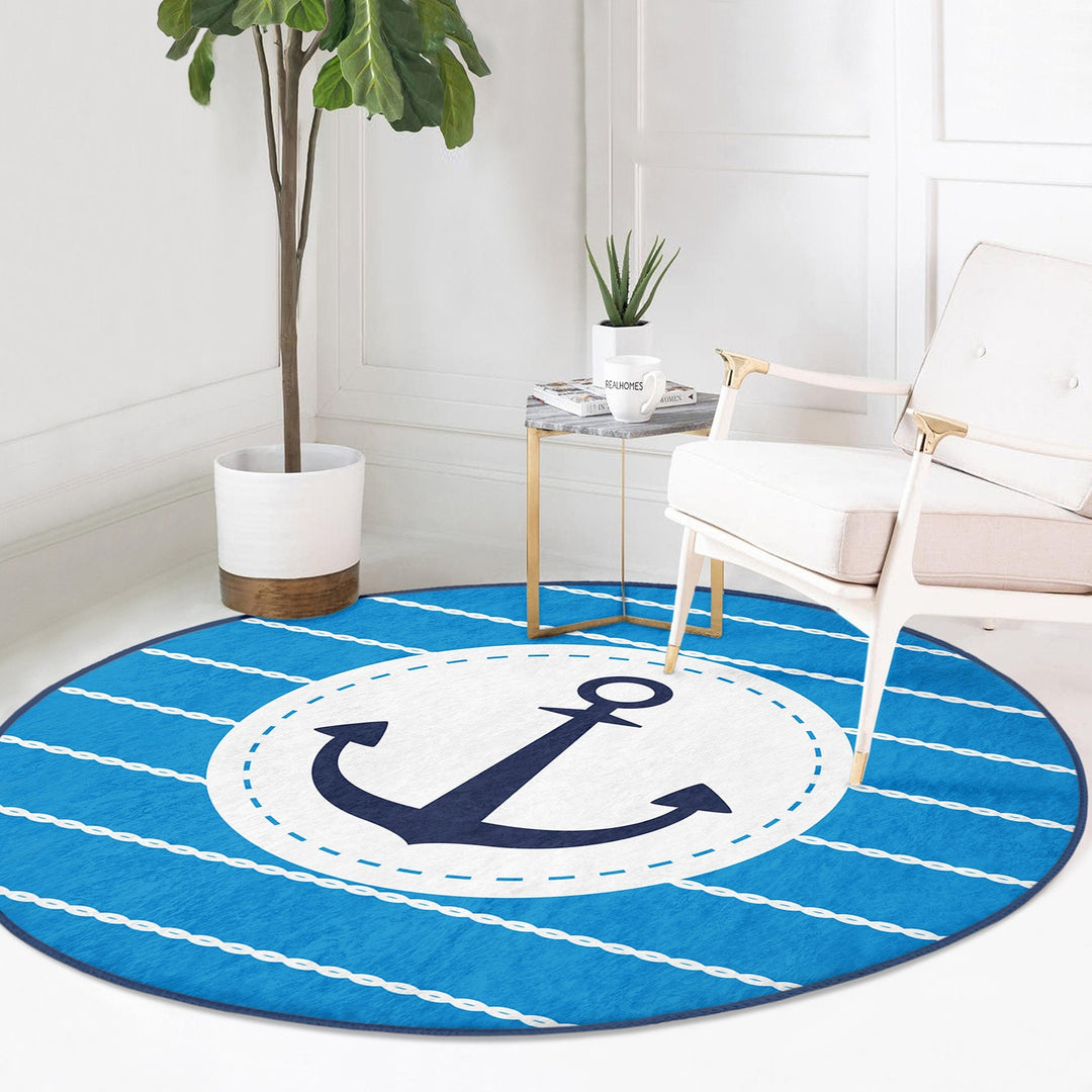 Nautical Round Rug|Non-Slip Round Carpet|Striped and Zigzag Navy Anchor Print Circle Carpet|Blue Yellow Beach House Rug|Coastal Home Decor