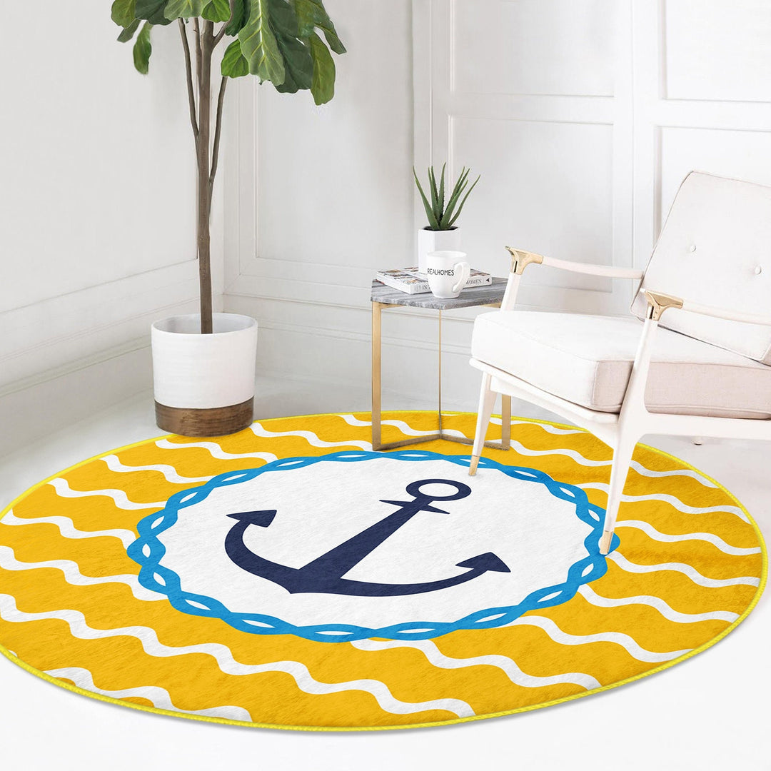 Nautical Round Rug|Non-Slip Round Carpet|Striped and Zigzag Navy Anchor Print Circle Carpet|Blue Yellow Beach House Rug|Coastal Home Decor