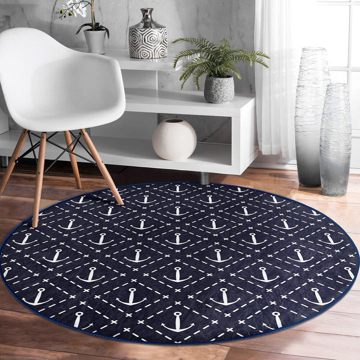 Nautical Round Rug|Non-Slip Round Carpet|Decorative Anchor Wheel and Sailor Rope Circle Carpet|Anchor and Heart Print Rug|Coastal Home Decor