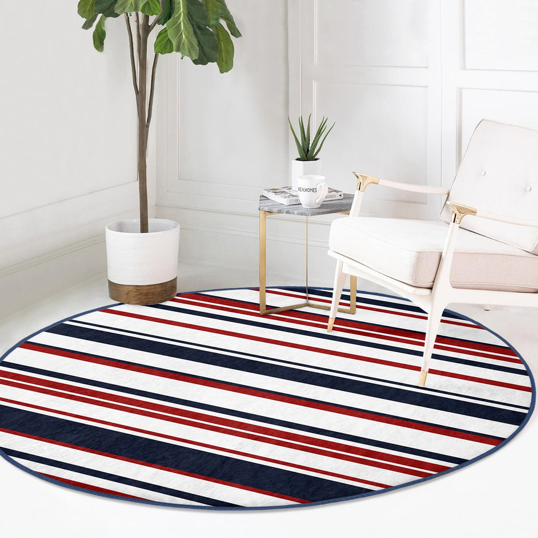 Nautical Round Rug|Non-Slip Round Carpet|Striped Wheel Anchor and Life Saver Print Circle Carpet|Dolphin Crab Seashell Rug|Coastal Decor