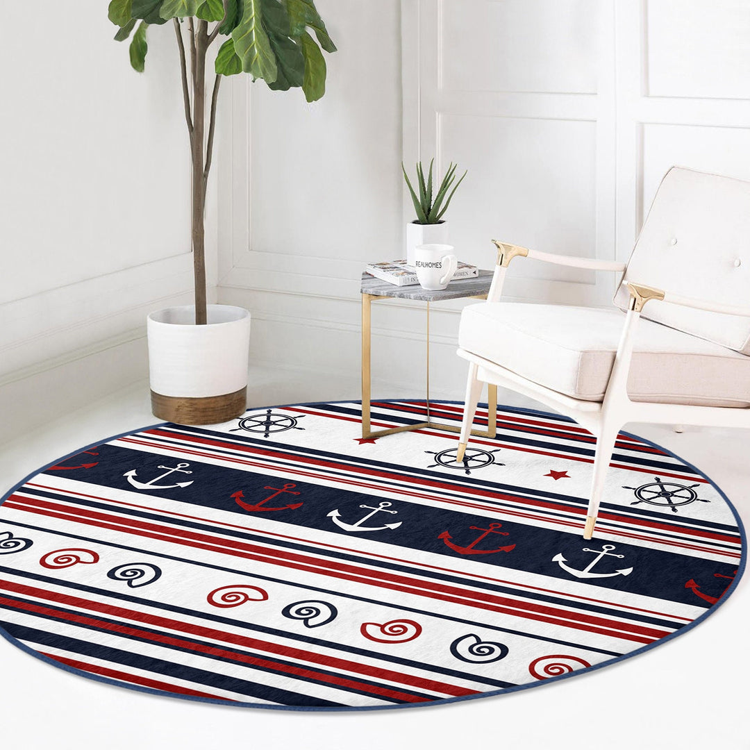 Nautical Round Rug|Non-Slip Round Carpet|Striped Wheel Anchor and Life Saver Print Circle Carpet|Dolphin Crab Seashell Rug|Coastal Decor