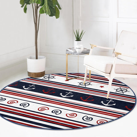 Nautical Round Rug|Non-Slip Round Carpet|Striped Wheel Anchor and Life Saver Print Circle Carpet|Dolphin Crab Seashell Rug|Coastal Decor