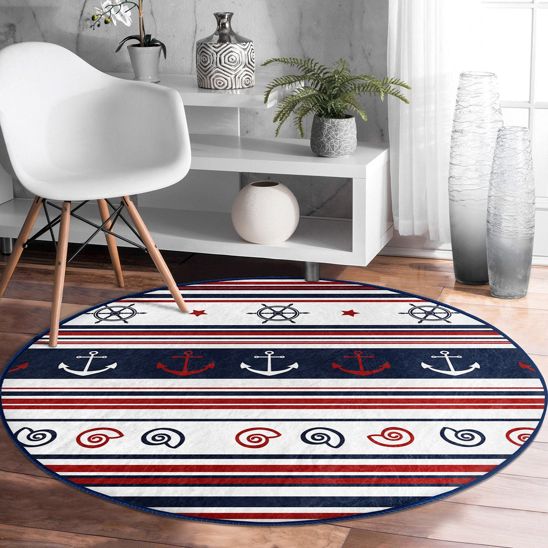 Nautical Round Rug|Non-Slip Round Carpet|Striped Wheel Anchor and Life Saver Print Circle Carpet|Dolphin Crab Seashell Rug|Coastal Decor