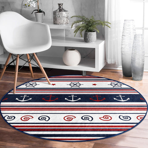 Nautical Round Rug|Non-Slip Round Carpet|Striped Wheel Anchor and Life Saver Print Circle Carpet|Dolphin Crab Seashell Rug|Coastal Decor