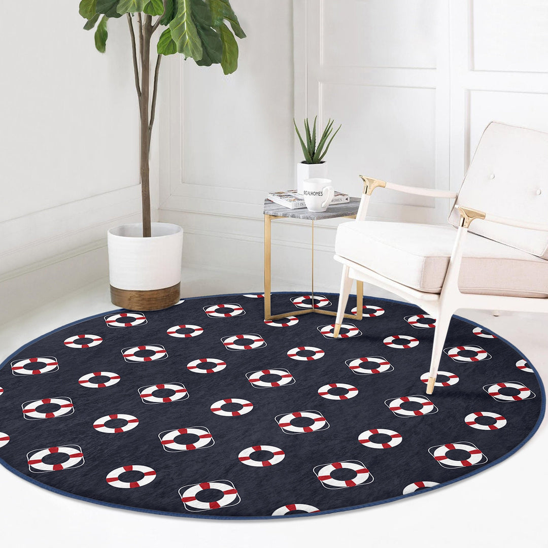 Nautical Round Rug|Non-Slip Round Carpet|Striped Wheel Anchor and Life Saver Print Circle Carpet|Dolphin Crab Seashell Rug|Coastal Decor