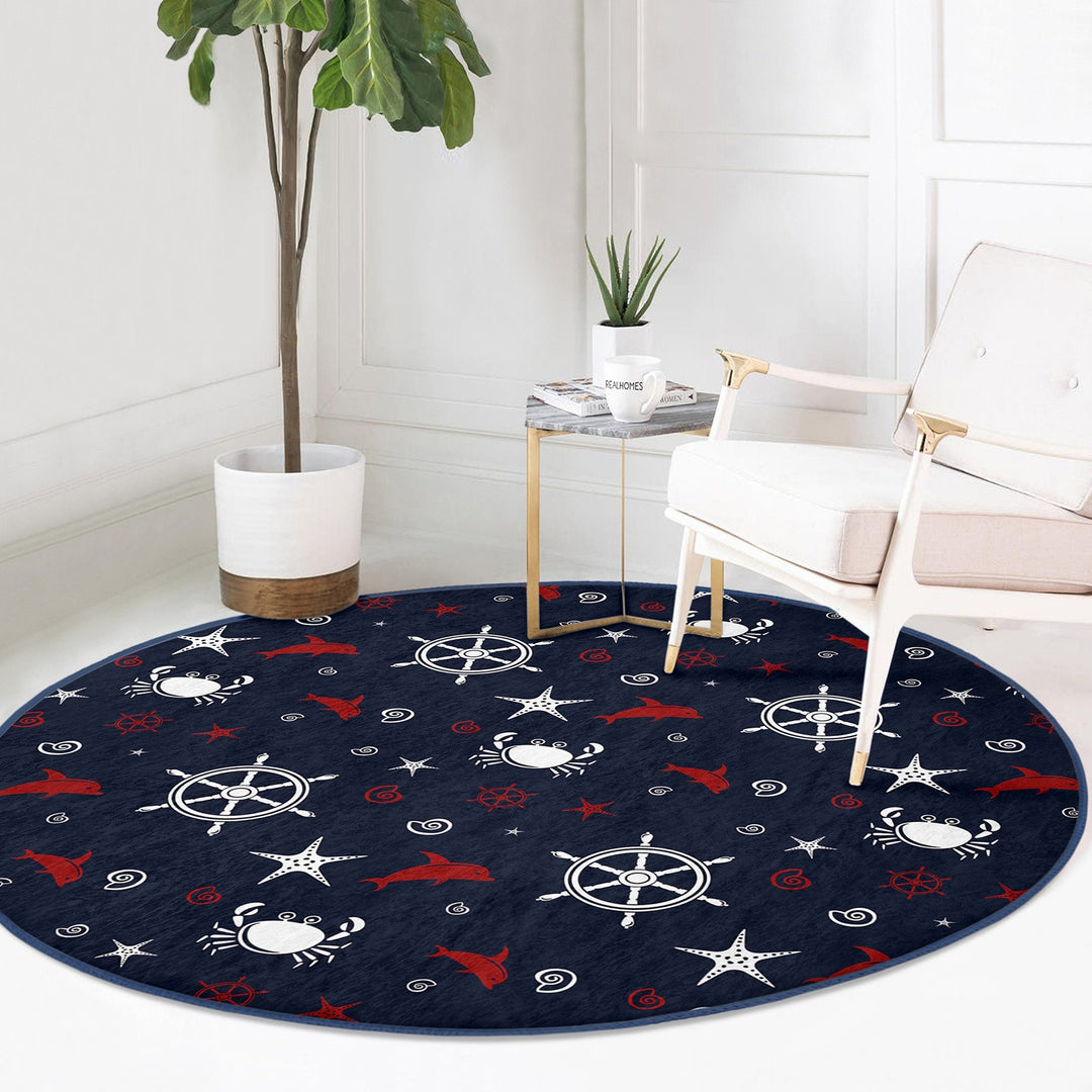 Nautical Round Rug|Non-Slip Round Carpet|Striped Wheel Anchor and Life Saver Print Circle Carpet|Dolphin Crab Seashell Rug|Coastal Decor