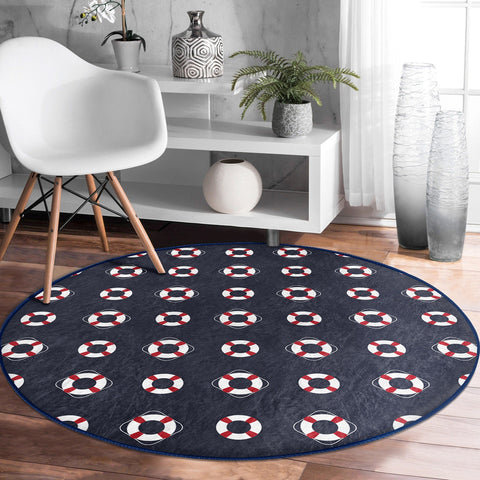 Nautical Round Rug|Non-Slip Round Carpet|Striped Wheel Anchor and Life Saver Print Circle Carpet|Dolphin Crab Seashell Rug|Coastal Decor