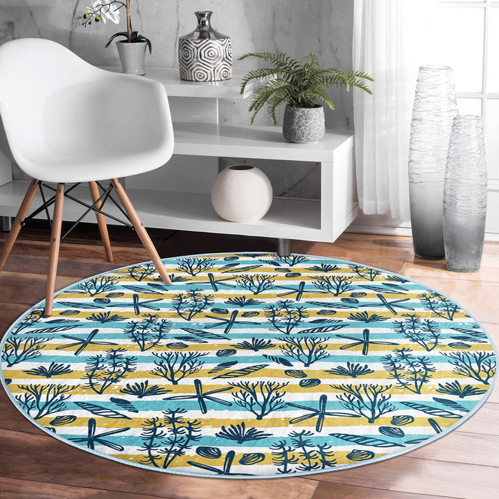 Beach House Round Rug|Non-Slip Round Carpet|Blue Yellow Seaweed and Seashell Circle Carpet|Starfish Print Nautical Rug|Coastal Home Decor