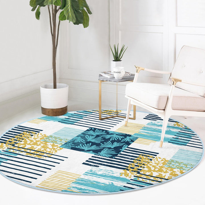 Beach House Round Rug|Non-Slip Round Carpet|Blue Yellow Seaweed and Seashell Circle Carpet|Starfish Print Nautical Rug|Coastal Home Decor