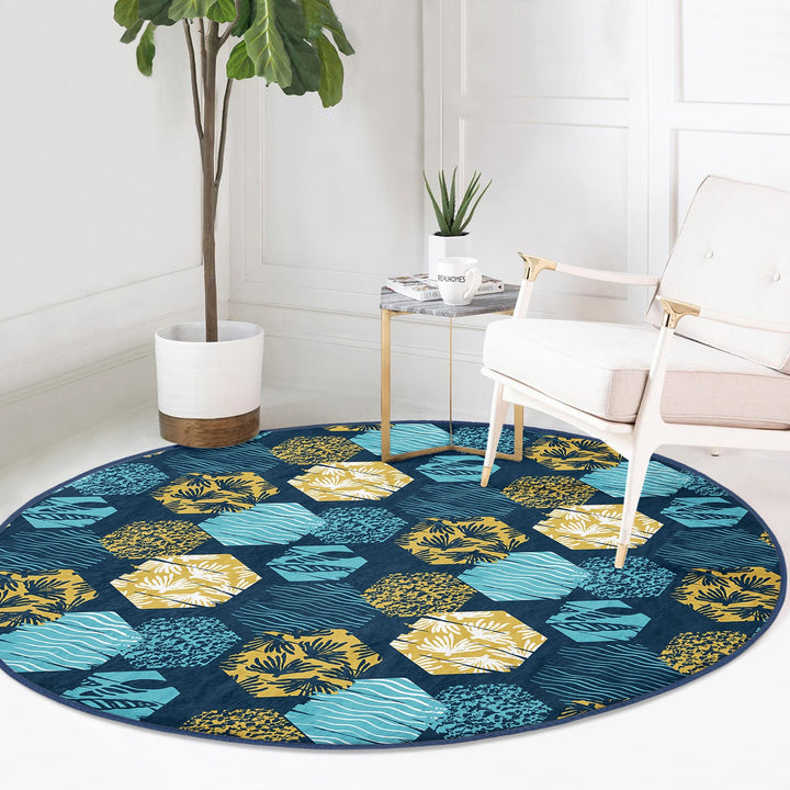 Beach House Round Rug|Non-Slip Round Carpet|Blue Yellow Seaweed and Seashell Circle Carpet|Starfish Print Nautical Rug|Coastal Home Decor