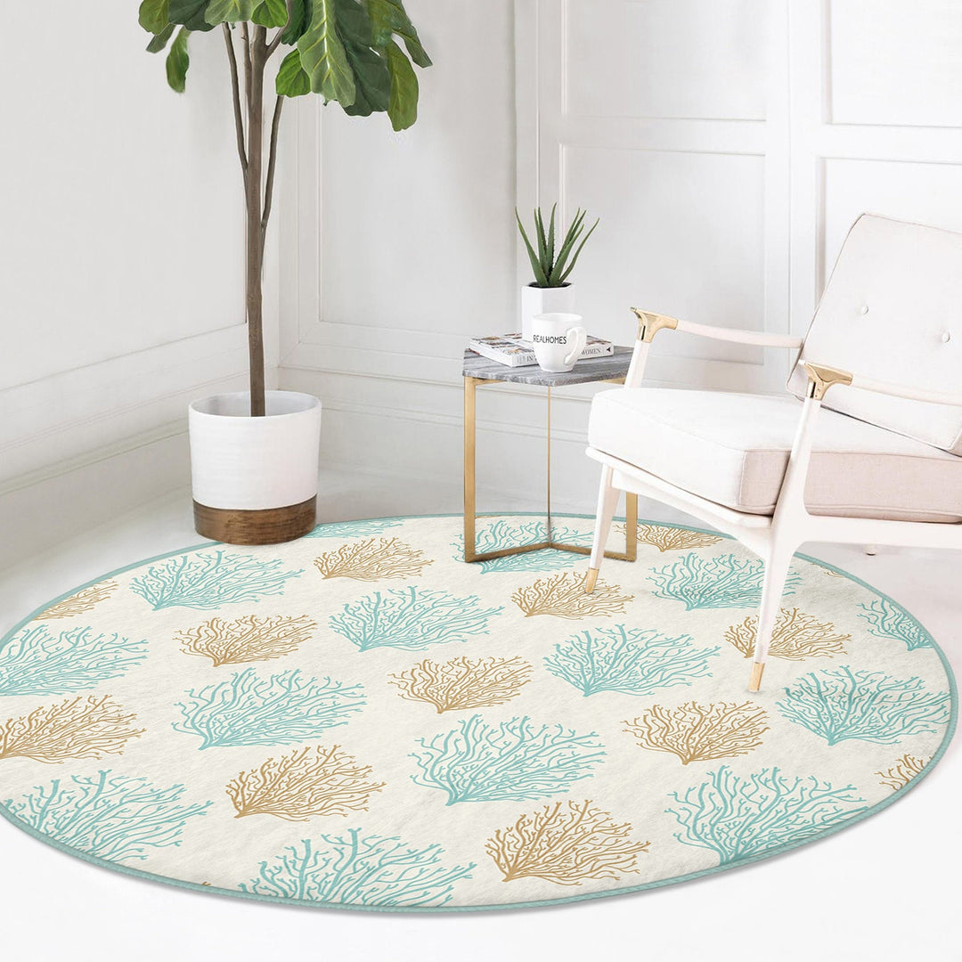 Beach House Round Rug|Non-Slip Round Carpet|Beige Turquoise Starfish Circle Carpet|Seaweed and Seashell Nautical Area Rug|Coastal Home Decor