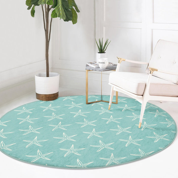 Beach House Round Rug|Non-Slip Round Carpet|Beige Turquoise Starfish Circle Carpet|Seaweed and Seashell Nautical Area Rug|Coastal Home Decor