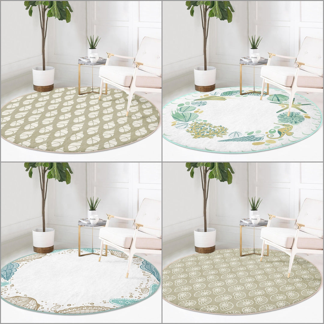 Beach House Round Rug|Non-Slip Round Carpet|Beige Turquoise Starfish Circle Carpet|Seaweed and Seashell Nautical Area Rug|Coastal Home Decor