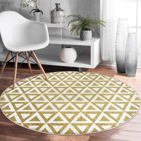 Geometric Round Rug|Zigzag Design Non-Slip Round Carpet|Gold White Circle Carpet|Decorative Area Rug|Seamless Multi-Purpose Anti-Slip Mat