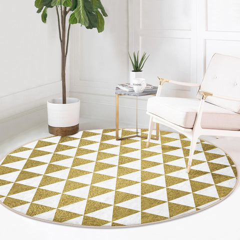 Geometric Round Rug|Zigzag Design Non-Slip Round Carpet|Gold White Circle Carpet|Decorative Area Rug|Seamless Multi-Purpose Anti-Slip Mat