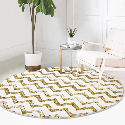 Geometric Round Rug|Zigzag Design Non-Slip Round Carpet|Gold White Circle Carpet|Decorative Area Rug|Seamless Multi-Purpose Anti-Slip Mat