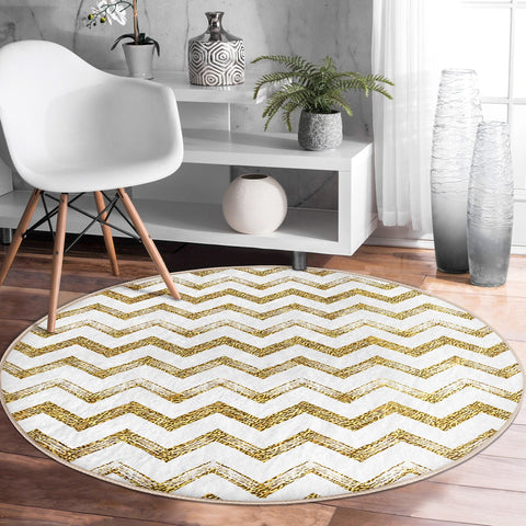 Geometric Round Rug|Zigzag Design Non-Slip Round Carpet|Gold White Circle Carpet|Decorative Area Rug|Seamless Multi-Purpose Anti-Slip Mat