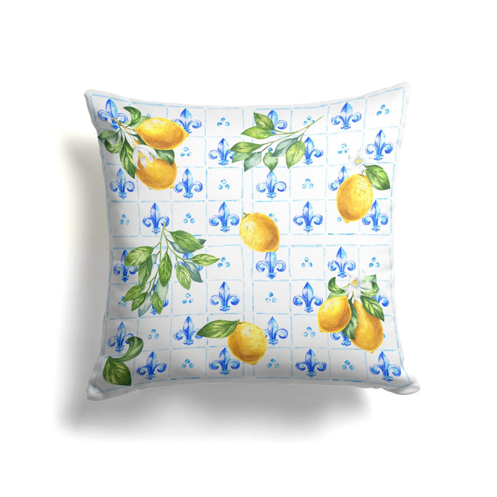 Floral Lemon Pillow Cover|Lemon on Tile Pattern Cushion Case|Housewarming Yellow Citrus Print Home Decor|Farmhouse Yellow Blue Pillow Case