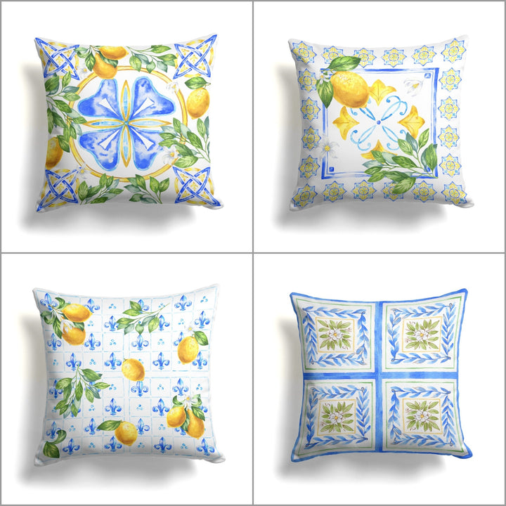 Floral Lemon Pillow Cover|Lemon on Tile Pattern Cushion Case|Housewarming Yellow Citrus Print Home Decor|Farmhouse Yellow Blue Pillow Case