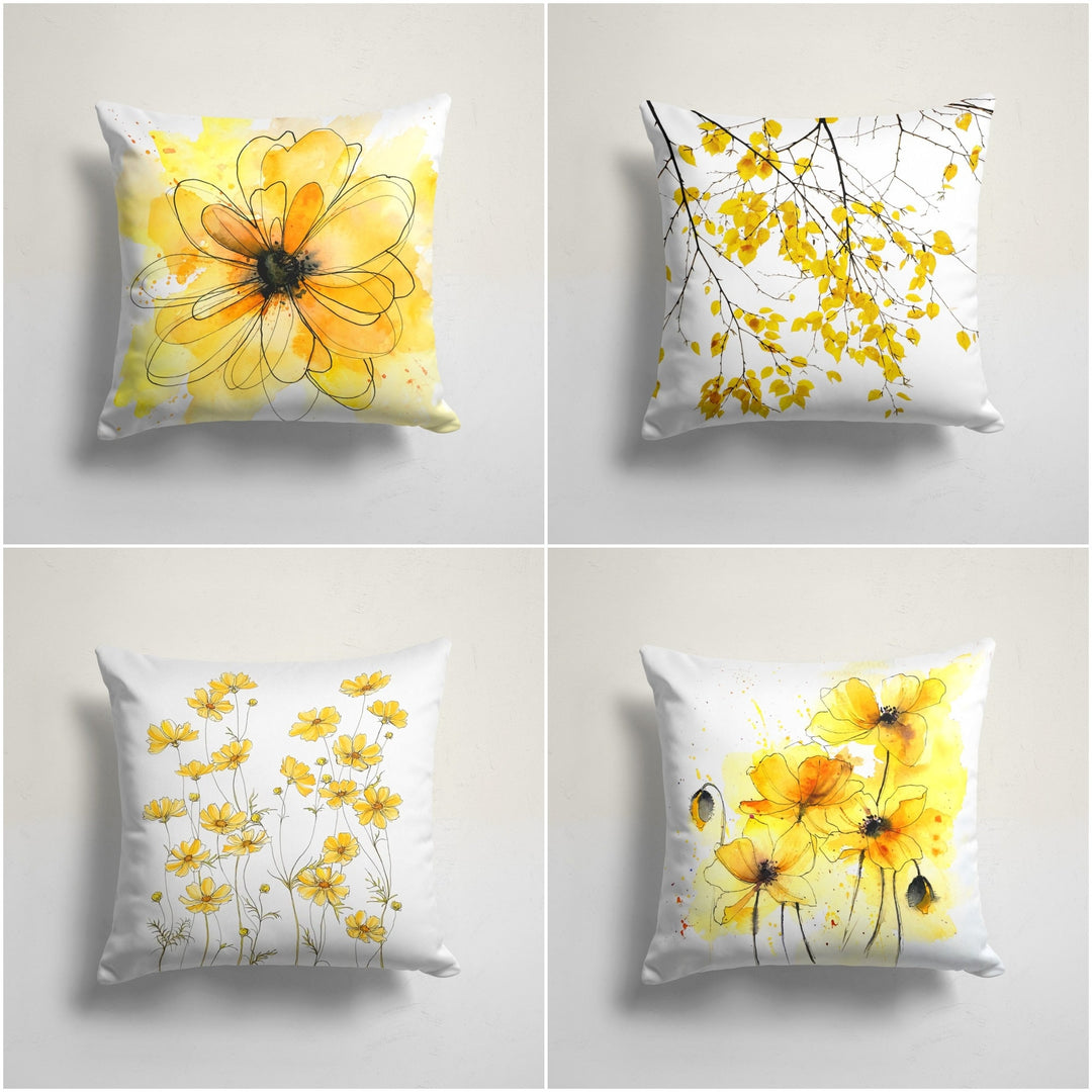 Yellow Floral Pillow Cover|Yellow Flower Painting Cushion Case|Summer Trend Throw Pillow|Boho Bedding Decor|Housewarming Farmhouse Cushion