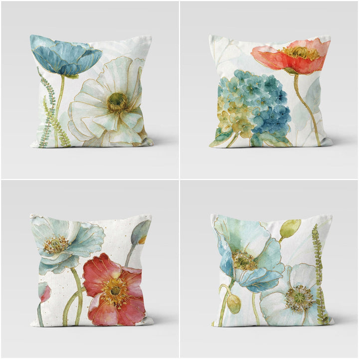 Floral Pillow Cover|Summer Trend Throw Pillow Case|Decorative Pillowcase|Turquoise Orange Flowers Cushion|Housewarming Floral Cushion Case