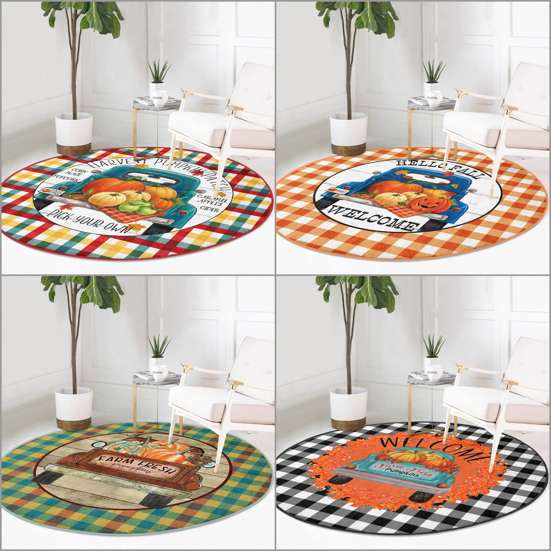 Fall Trend Round Rug|Non-Slip Round Carpet|Farm Fresh Pumpkin Truck Circle Rug|Decorative Hello Fall Area Rug|Checkered Autumn Home Decor