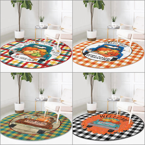 Fall Trend Round Rug|Non-Slip Round Carpet|Farm Fresh Pumpkin Truck Circle Rug|Decorative Hello Fall Area Rug|Checkered Autumn Home Decor