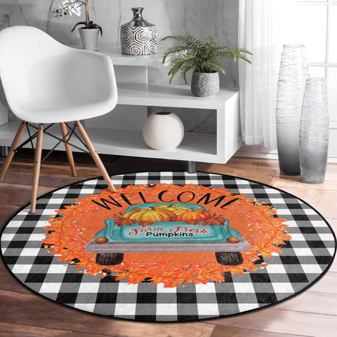 Fall Trend Round Rug|Non-Slip Round Carpet|Farm Fresh Pumpkin Truck Circle Rug|Decorative Hello Fall Area Rug|Checkered Autumn Home Decor