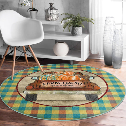 Fall Trend Round Rug|Non-Slip Round Carpet|Farm Fresh Pumpkin Truck Circle Rug|Decorative Hello Fall Area Rug|Checkered Autumn Home Decor