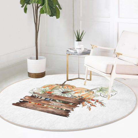 Fall Trend Round Rug|Non-Slip Round Carpet|Happy Fall Print Circle Rug|Decorative Floral Pumpkin Area Rug|Housewarming Autumn Floor Decor