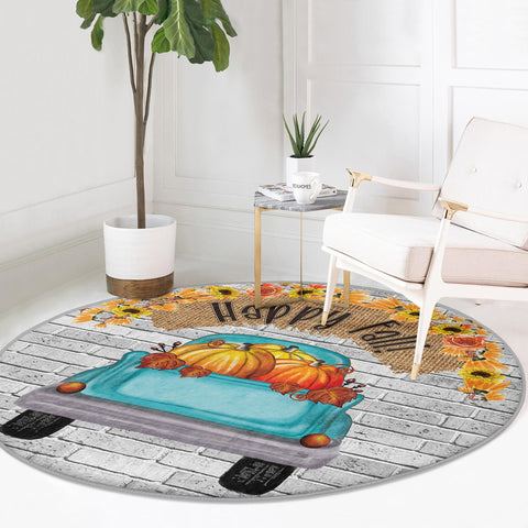 Fall Trend Round Rug|Non-Slip Round Carpet|Happy Fall Print Circle Rug|Decorative Floral Pumpkin Area Rug|Housewarming Autumn Floor Decor
