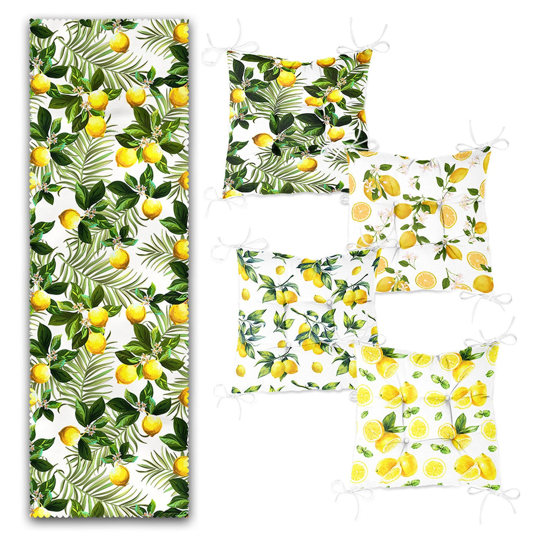 Set of 4 Puffy Chair Pads and 1 Table Runner|Floral Lemon Green Leaves Chair Cushion and Tabletop Set|Fresh Citrus Seat Pad and Tablecloth