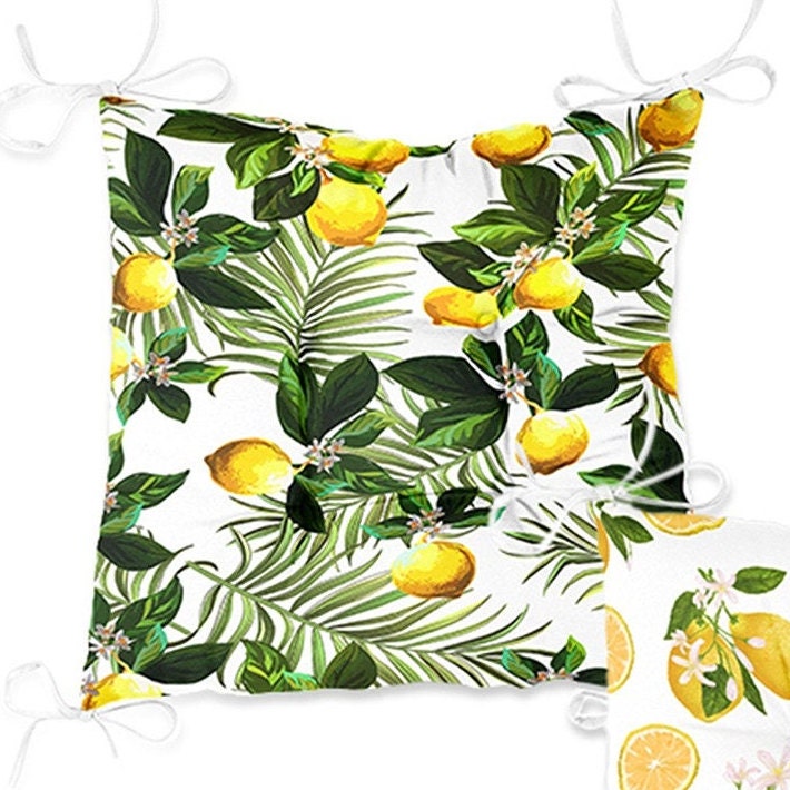 Set of 4 Puffy Chair Pads and 1 Table Runner|Floral Lemon Green Leaves Chair Cushion and Tabletop Set|Fresh Citrus Seat Pad and Tablecloth