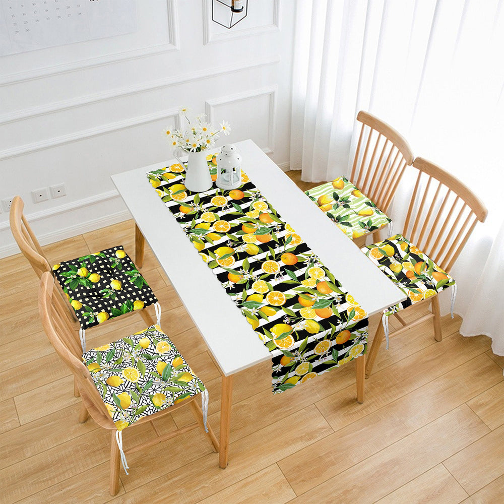 Set of 4 Puffy Chair Pads and 1 Table Runner|Floral Lemon with Mandarin Chair Cushion and Tabletop Set|Fresh Citrus Seat Pad and Tablecloth