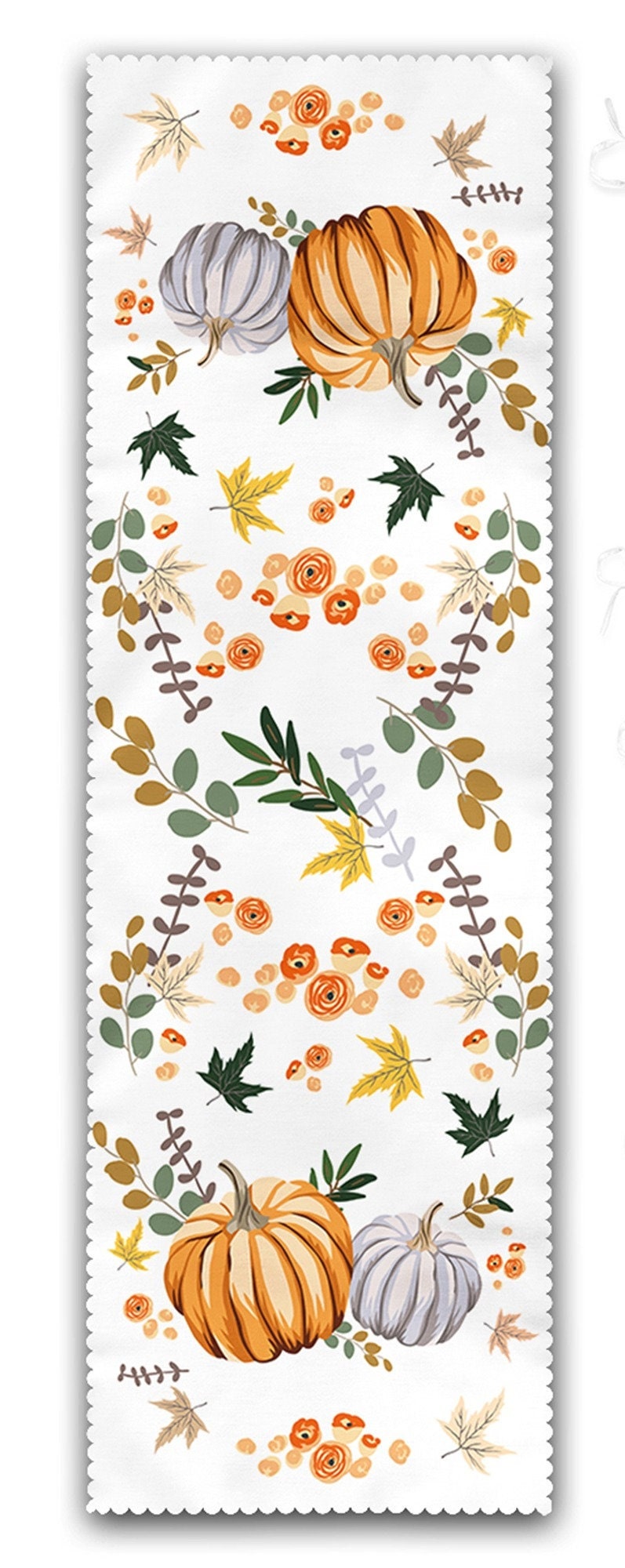 Set of 4 Puffy Chair Pads and 1 Table Runner|Fall Trend Chair Cushion and Tabletop Set|Floral Orange Gray Pumpkin Seat Pad and Tablecloth