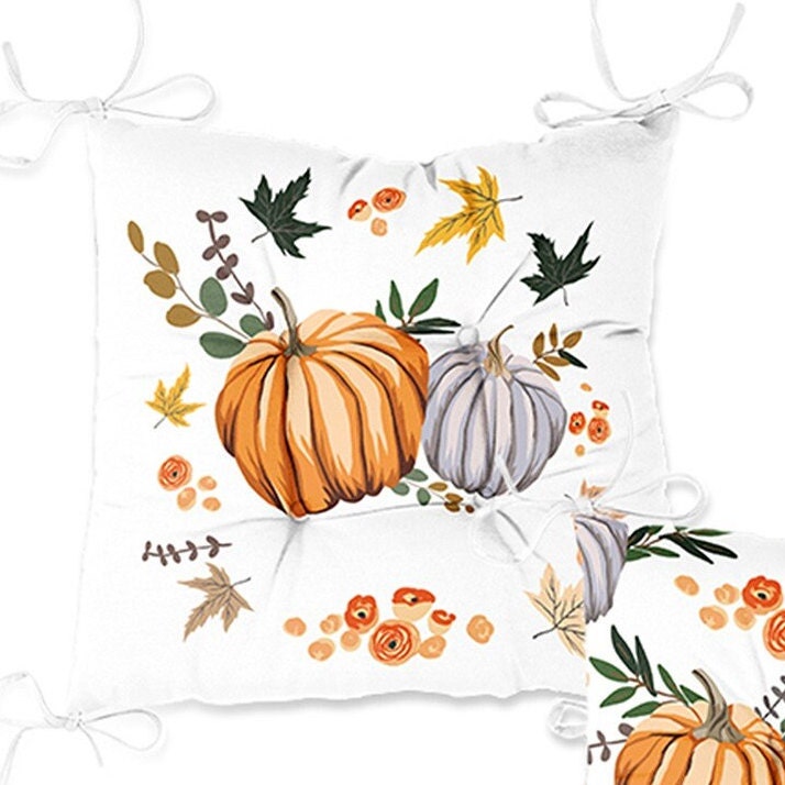 Set of 4 Puffy Chair Pads and 1 Table Runner|Fall Trend Chair Cushion and Tabletop Set|Floral Orange Gray Pumpkin Seat Pad and Tablecloth