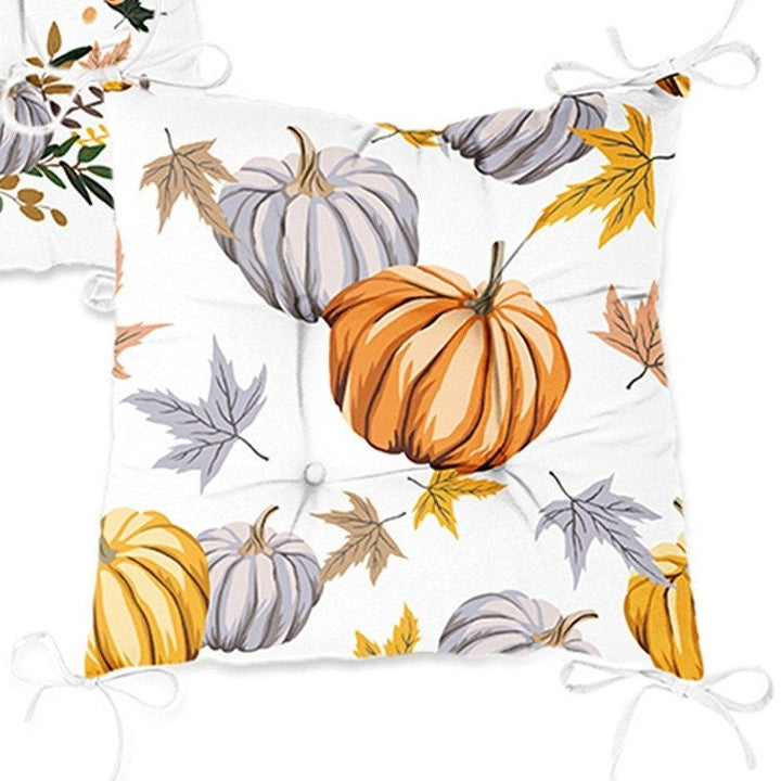 Set of 4 Puffy Chair Pads and 1 Table Runner|Fall Trend Chair Cushion and Tabletop Set|Floral Orange Gray Pumpkin Seat Pad and Tablecloth