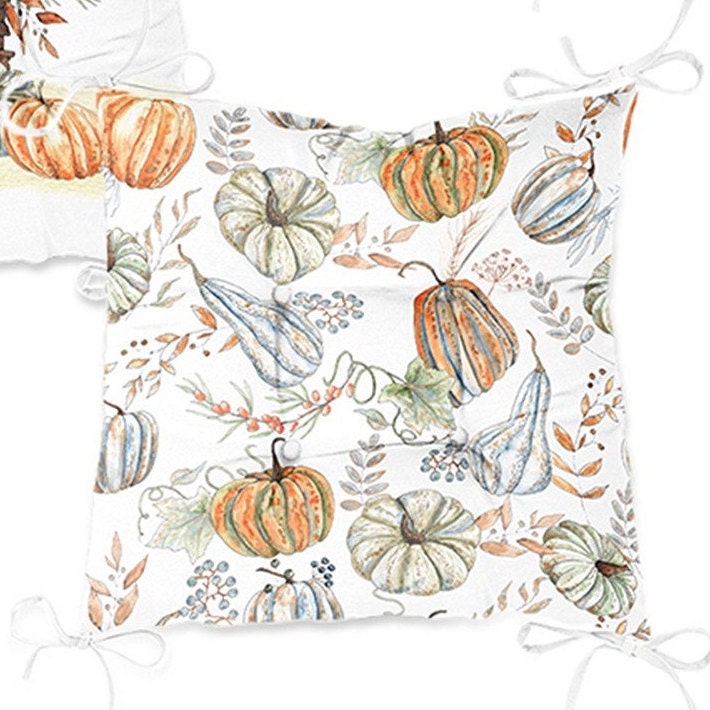 Set of 4 Puffy Chair Pads and 1 Table Runner|Fall Trend Chair Cushion and Tabletop Set|Orange Green Gray Pumpkin Seat Pad and Tablecloth