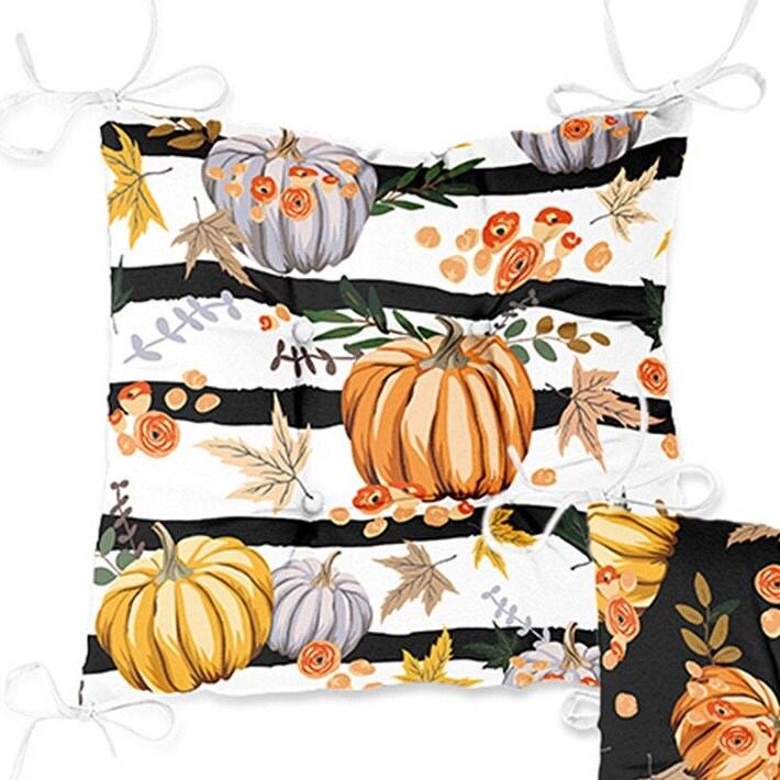 Set of 4 Puffy Chair Pads and 1 Table Runner|Fall Trend Chair Cushion and Tabletop Set|Striped Orange Gray Pumpkin Seat Pad and Tablecloth