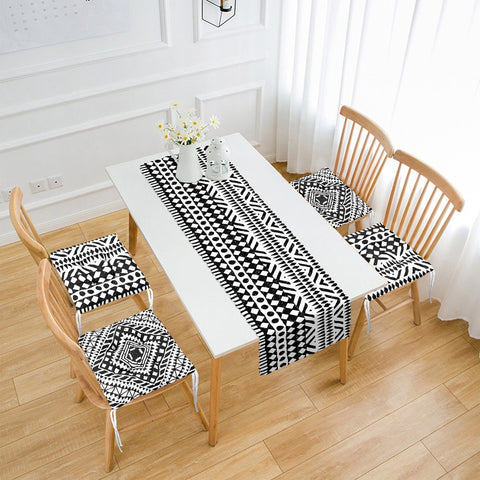 Set of 4 Puffy Chair Pads and 1 Table Runner|Nordic Scandinavian Seat Pad and Tablecloth|Rug Design Southwestern Chair Cushion Tabletop Set
