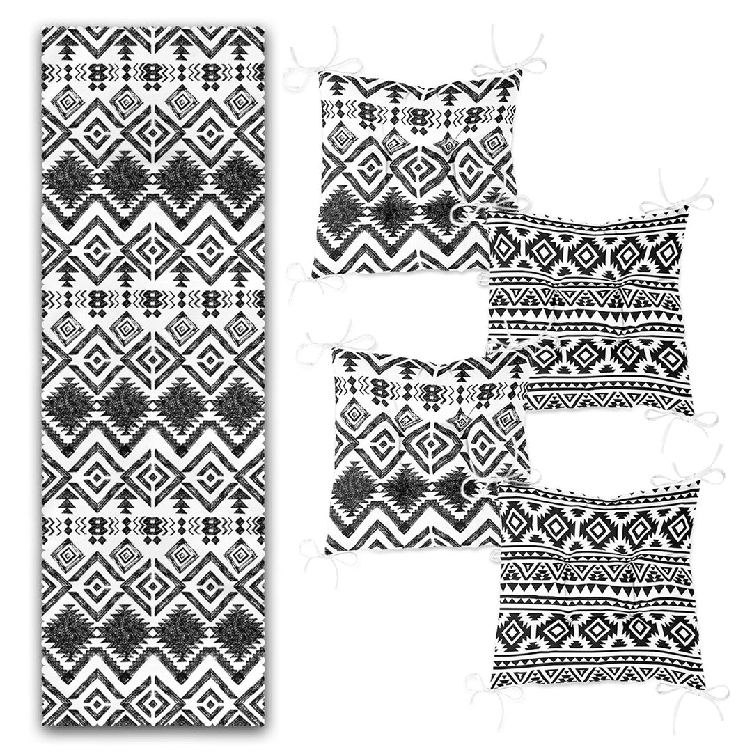 Set of 4 Puffy Chair Pads and 1 Table Runner|Nordic Scandinavian Seat Pad and Tablecloth|Ethnic Aztec Print Southwestern Chair Cushion Set