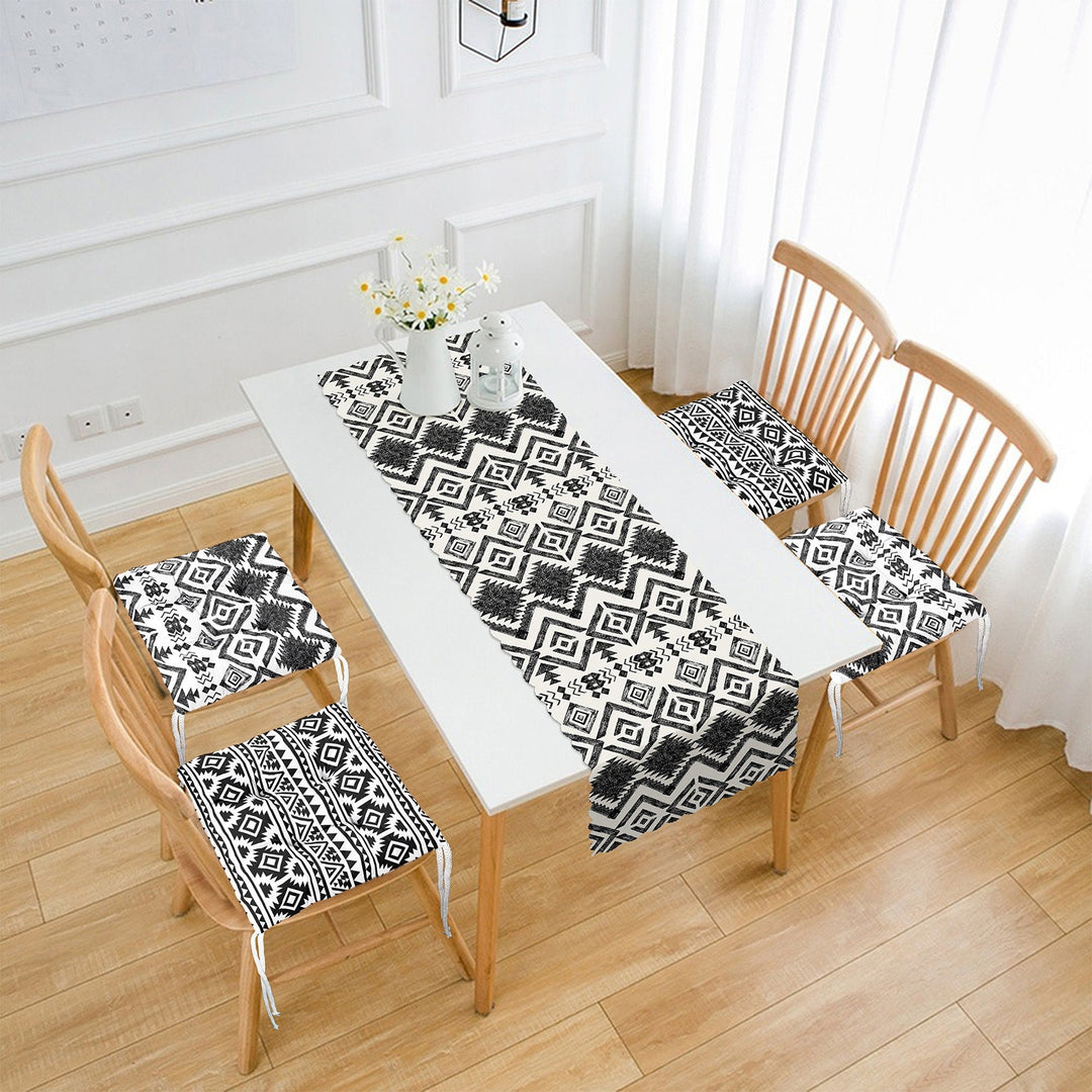 Set of 4 Puffy Chair Pads and 1 Table Runner|Nordic Scandinavian Seat Pad and Tablecloth|Ethnic Aztec Print Southwestern Chair Cushion Set