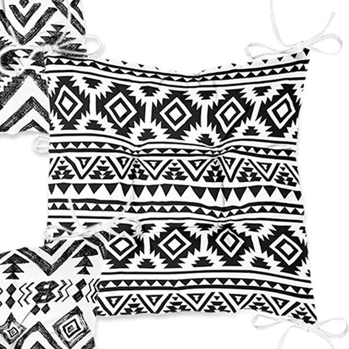 Set of 4 Puffy Chair Pads and 1 Table Runner|Nordic Scandinavian Seat Pad and Tablecloth|Ethnic Aztec Print Southwestern Chair Cushion Set