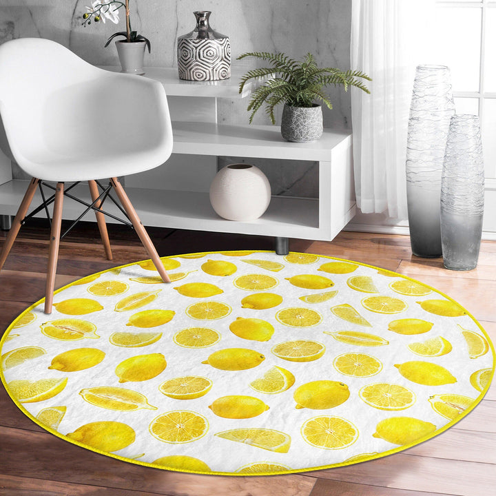 Lemon Round Rug|Non-Slip Round Carpet|Farmhouse Fresh Citrus Circle Rug|Floral Lemon with Green Leaves Area Rug|Housewarming Home Decor