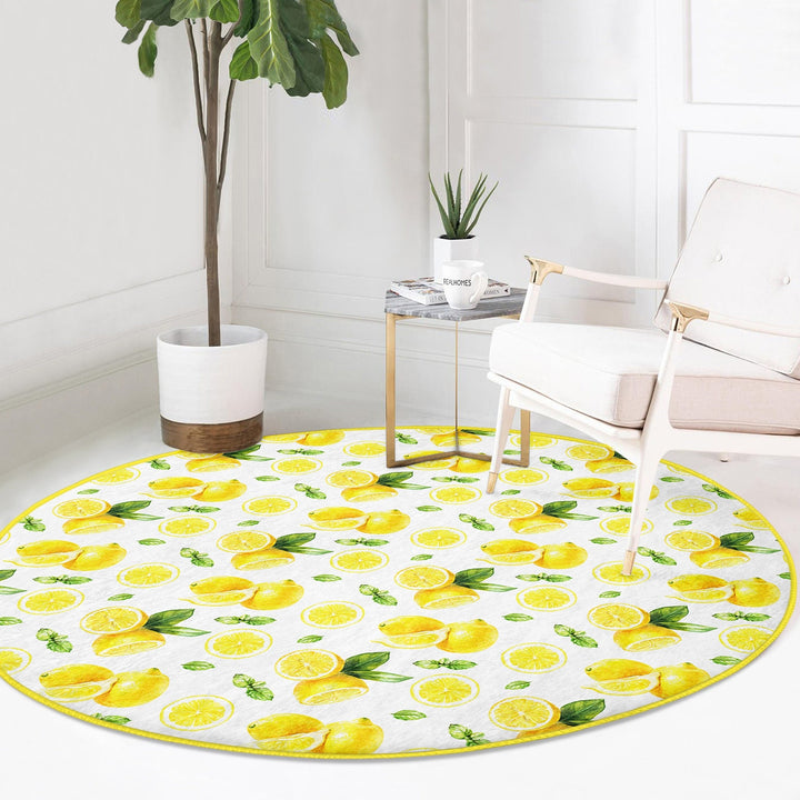 Lemon Round Rug|Non-Slip Round Carpet|Farmhouse Fresh Citrus Circle Rug|Floral Lemon with Green Leaves Area Rug|Housewarming Home Decor